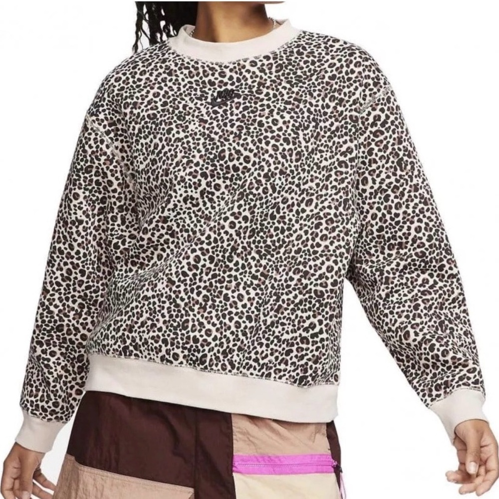 Nike Leopard Print Crew Neck Sweater - Black, brown and tan